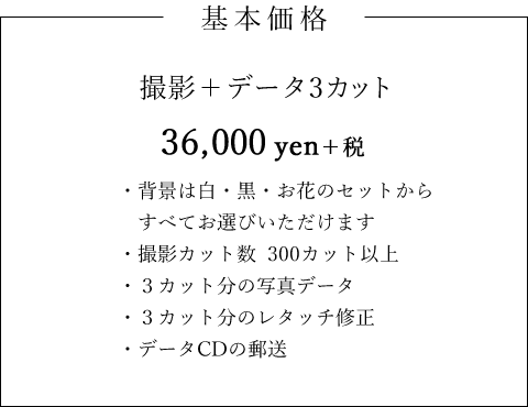 基本価格 撮影＋データ3カット36,000 yen＋税（撮影カット数  300カット以上／３カット分の写真データ／３カット分のレタッチ修正／データCDの郵送）